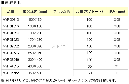 大洋シーアイエス　ゼラスト ZERUST　袋　平袋　ポリ袋　サイズ表